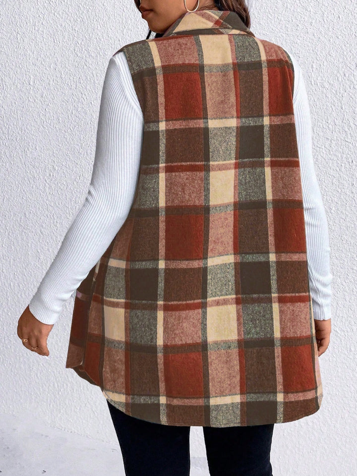 Honey Plus Size Pocketed Plaid Button Up Vest Coat