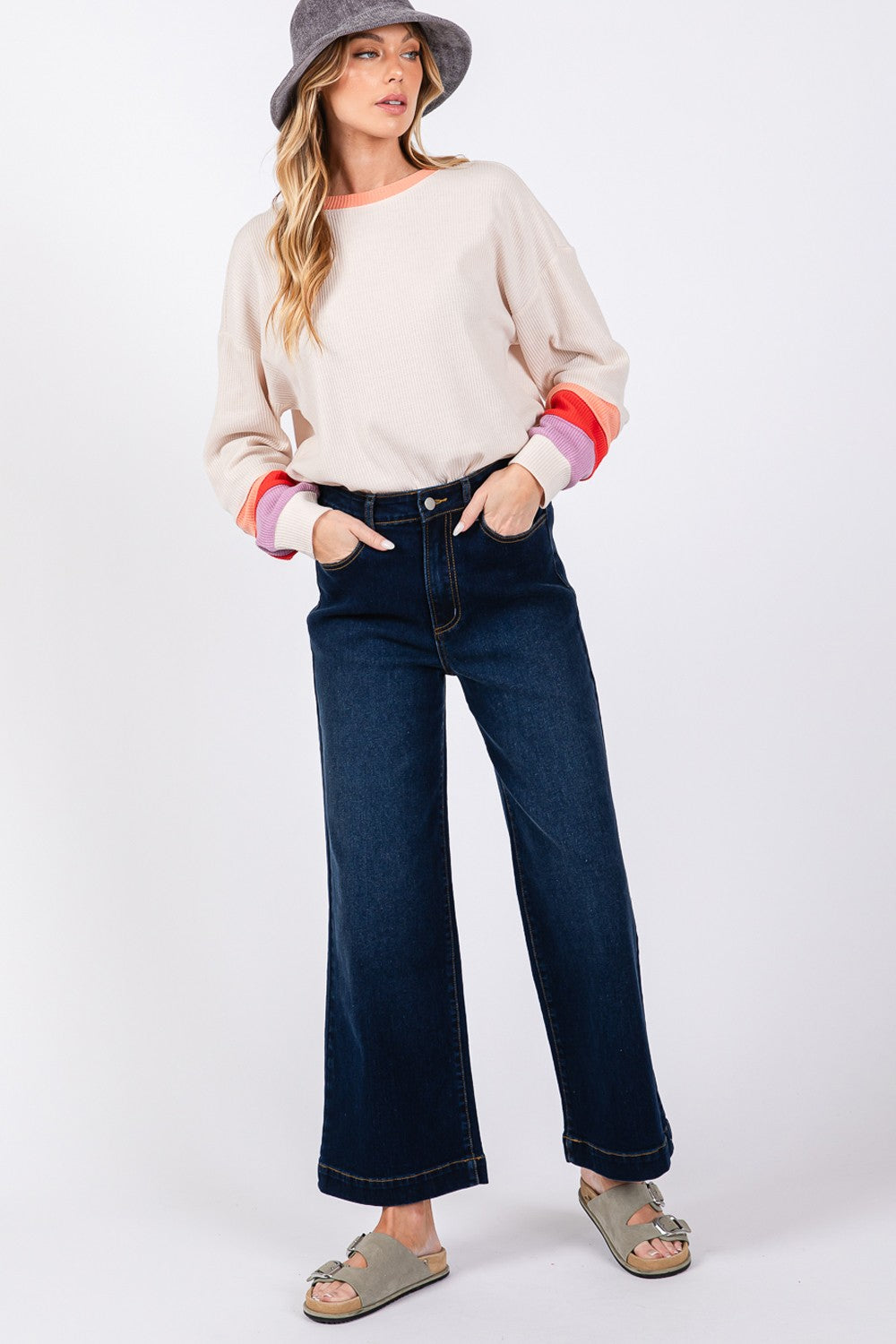 Chic High Rise Wide Leg Denim Trousers