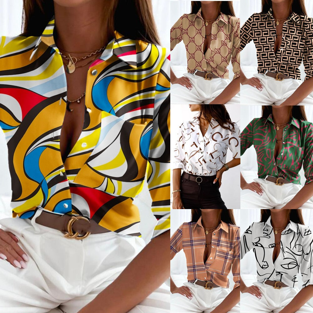 Chic Floral Print Long Sleeve Dacron Blouse for Women