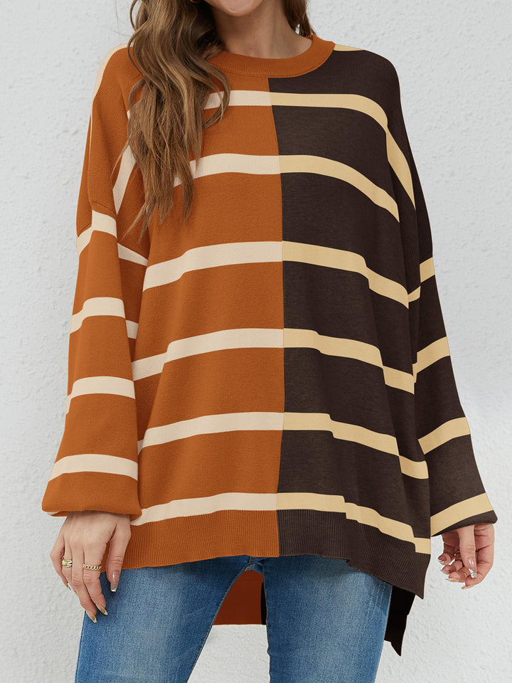 Chic Striped Knit Sweater with Round Neck and Long Sleeves