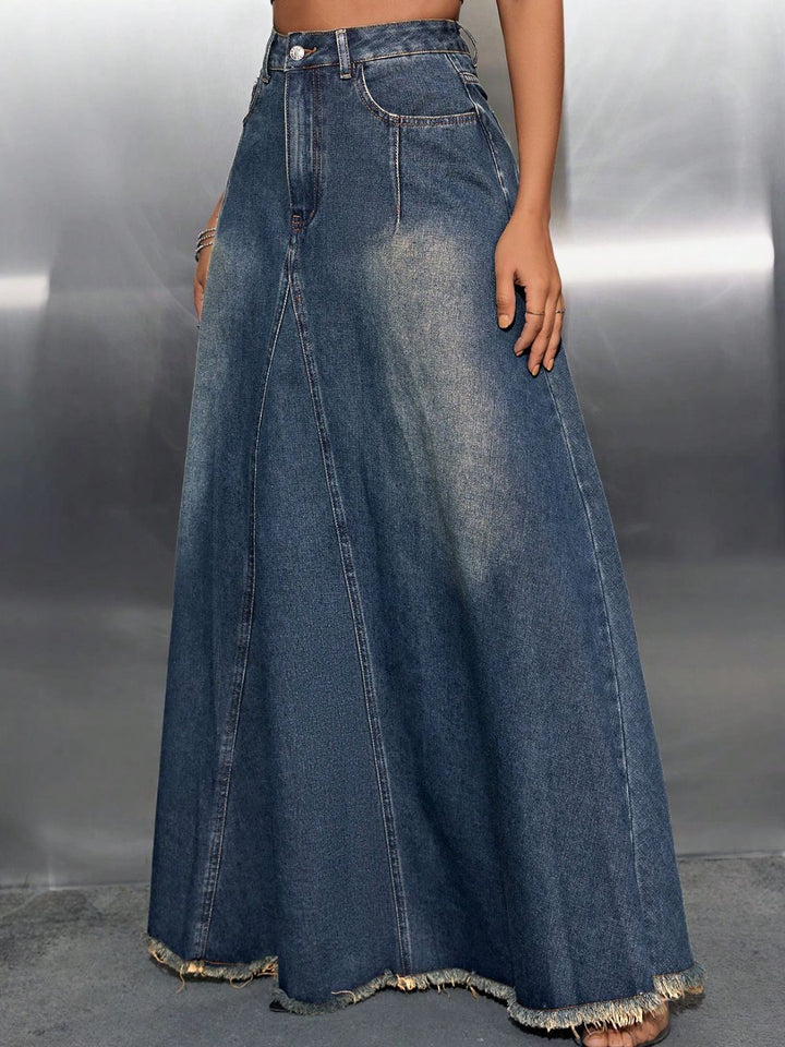 Chic High-Waisted Denim Skirt with Trendy Raw Hem and Functional Pockets