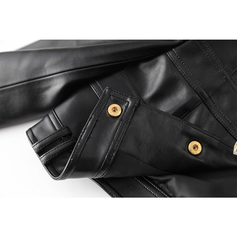 Chic PU Leather Spliced Round Neck Cardigan with Shoulder Pads