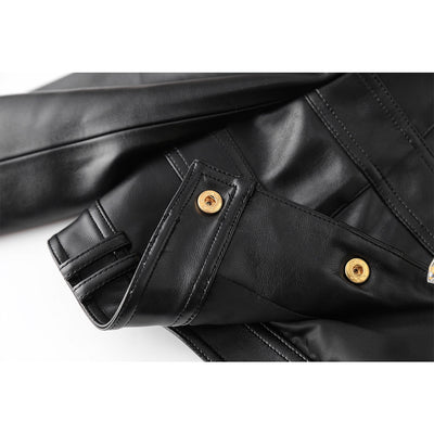 Chic PU Leather Spliced Round Neck Cardigan with Shoulder Pads