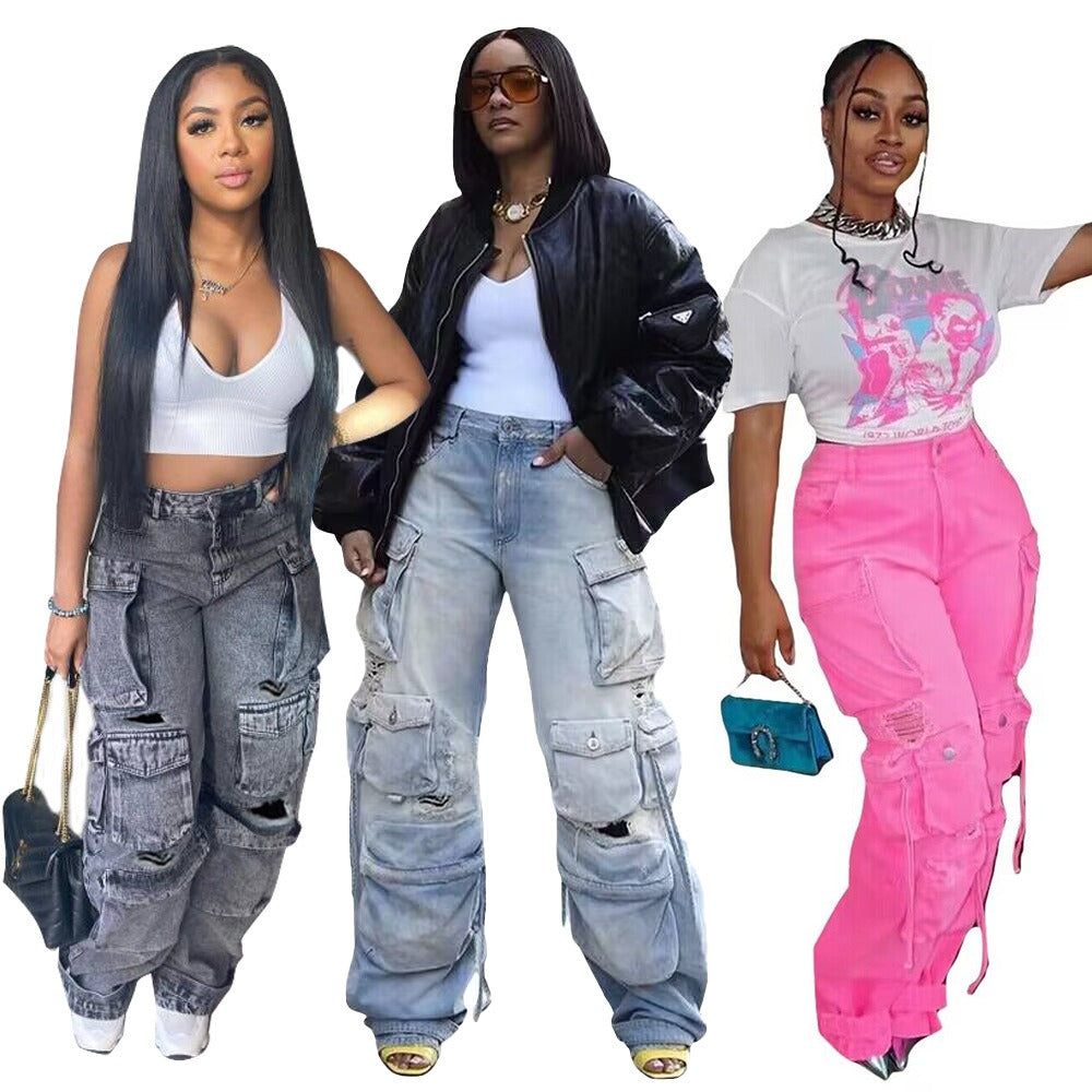 Vintage-Inspired Denim Cargo Pants with 3D Accents Style