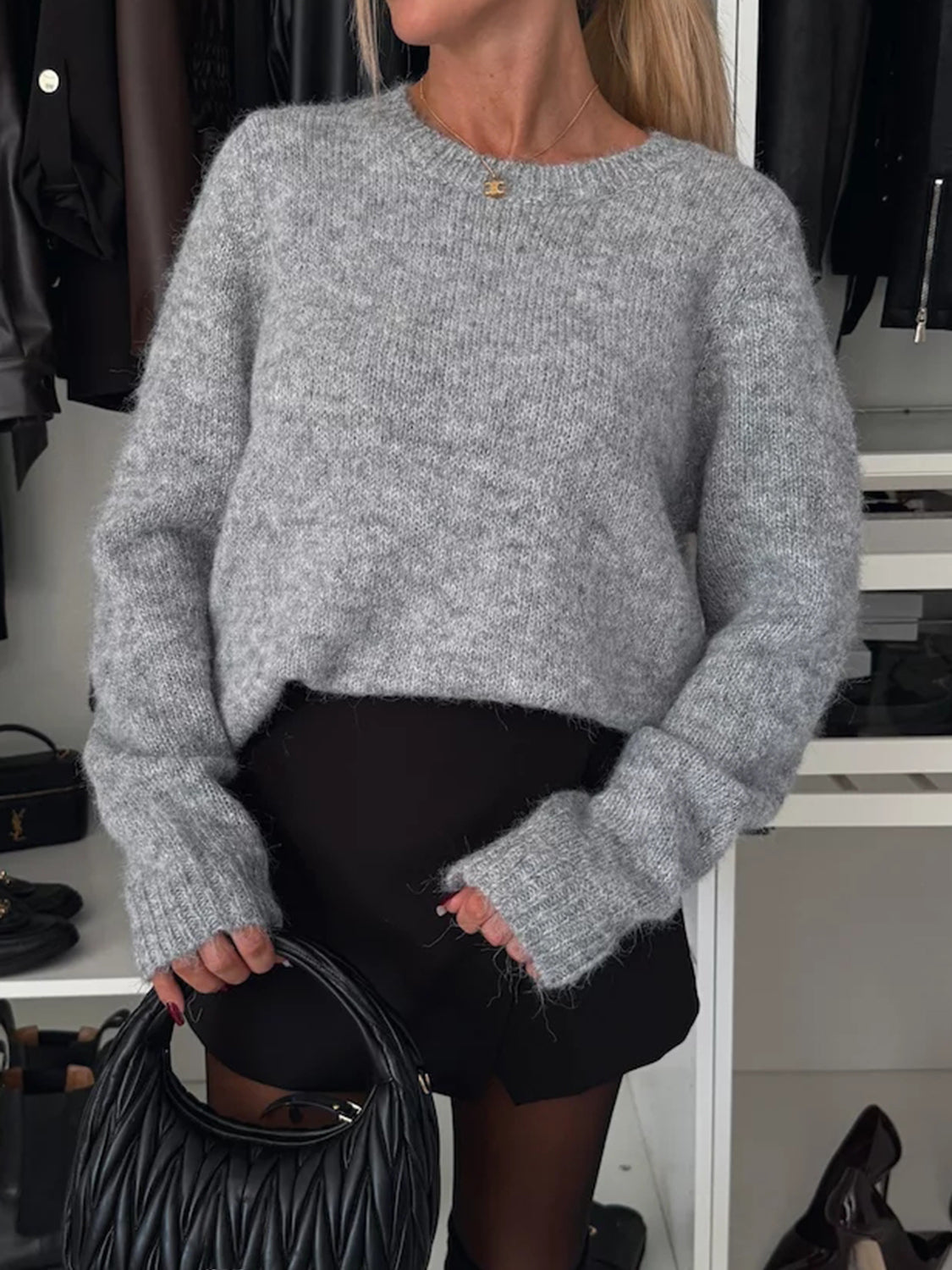 Bow Slit Back Round Neck Sweater for Stylish Comfort
