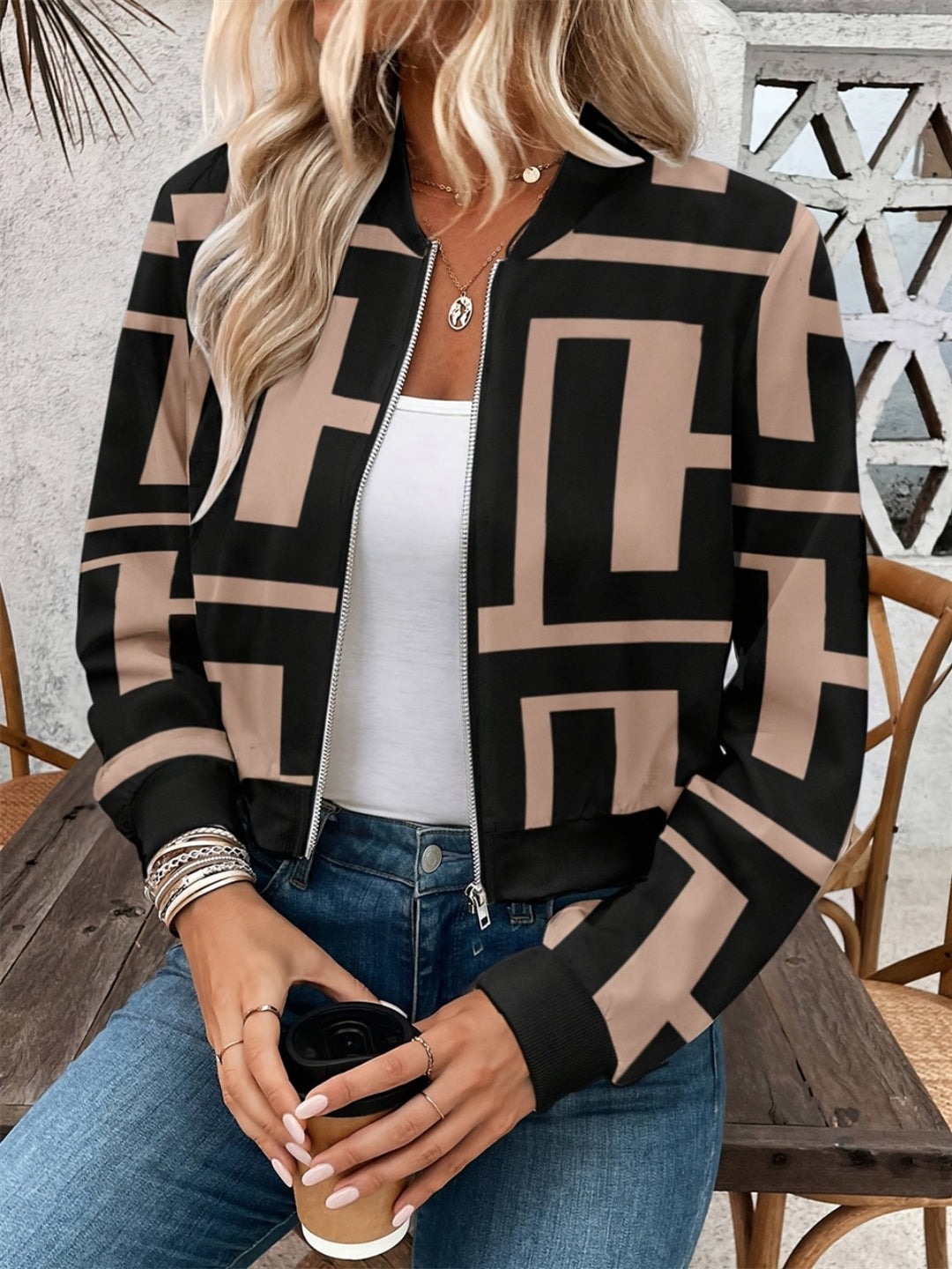 Geometric Patterned Baseball Collar Zip Jacket