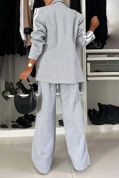 Full Size Contrast Lapel Collar Top and Pants Set for Women