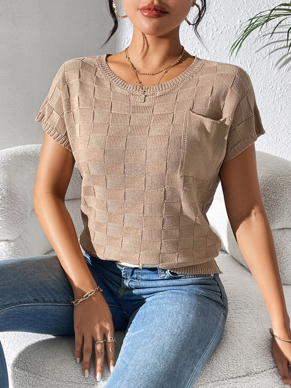 Round Neck Short Sleeve Knit Top for Effortless Style