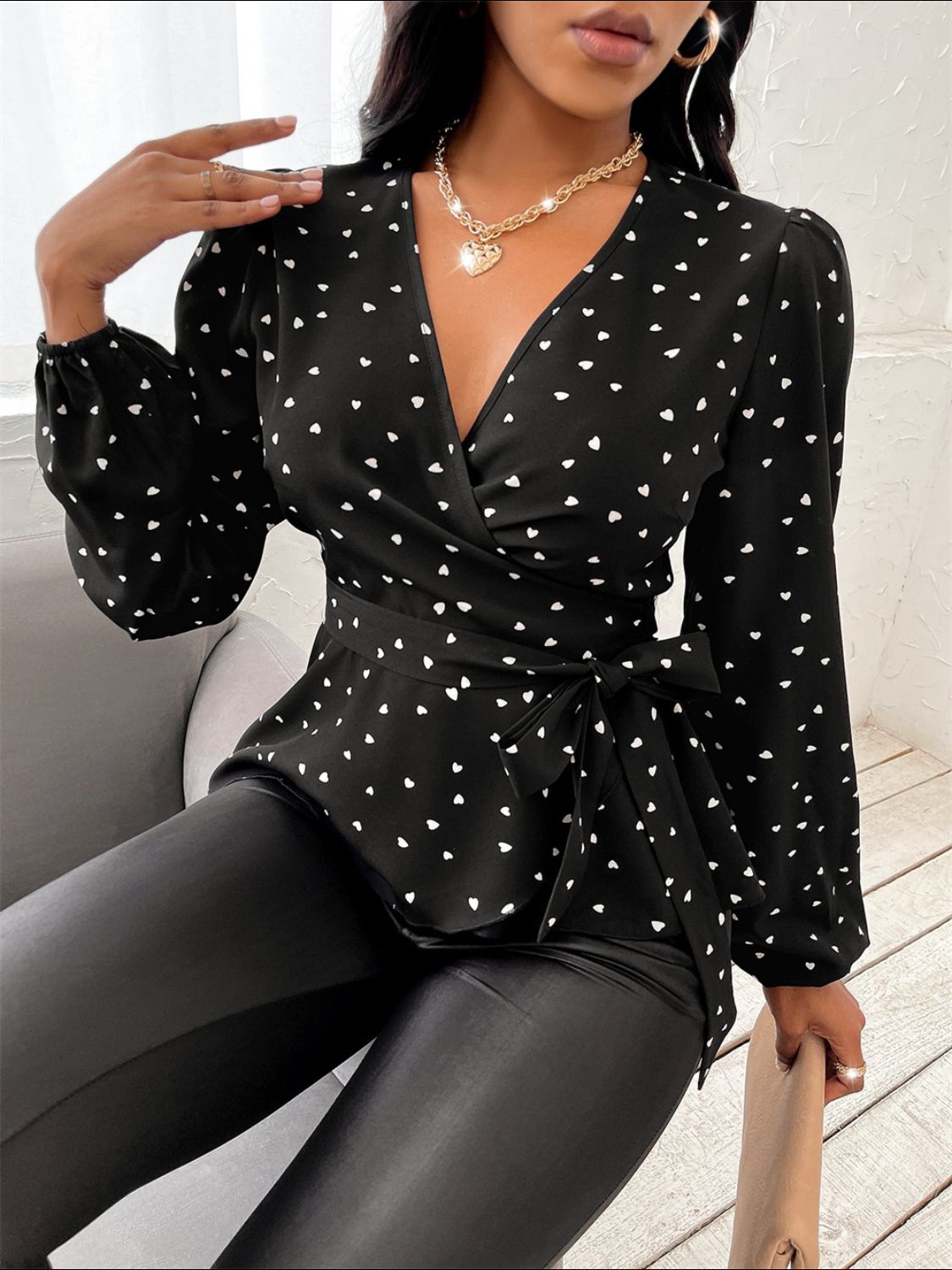 Heart Print Surplice Balloon Sleeve Blouse for Women