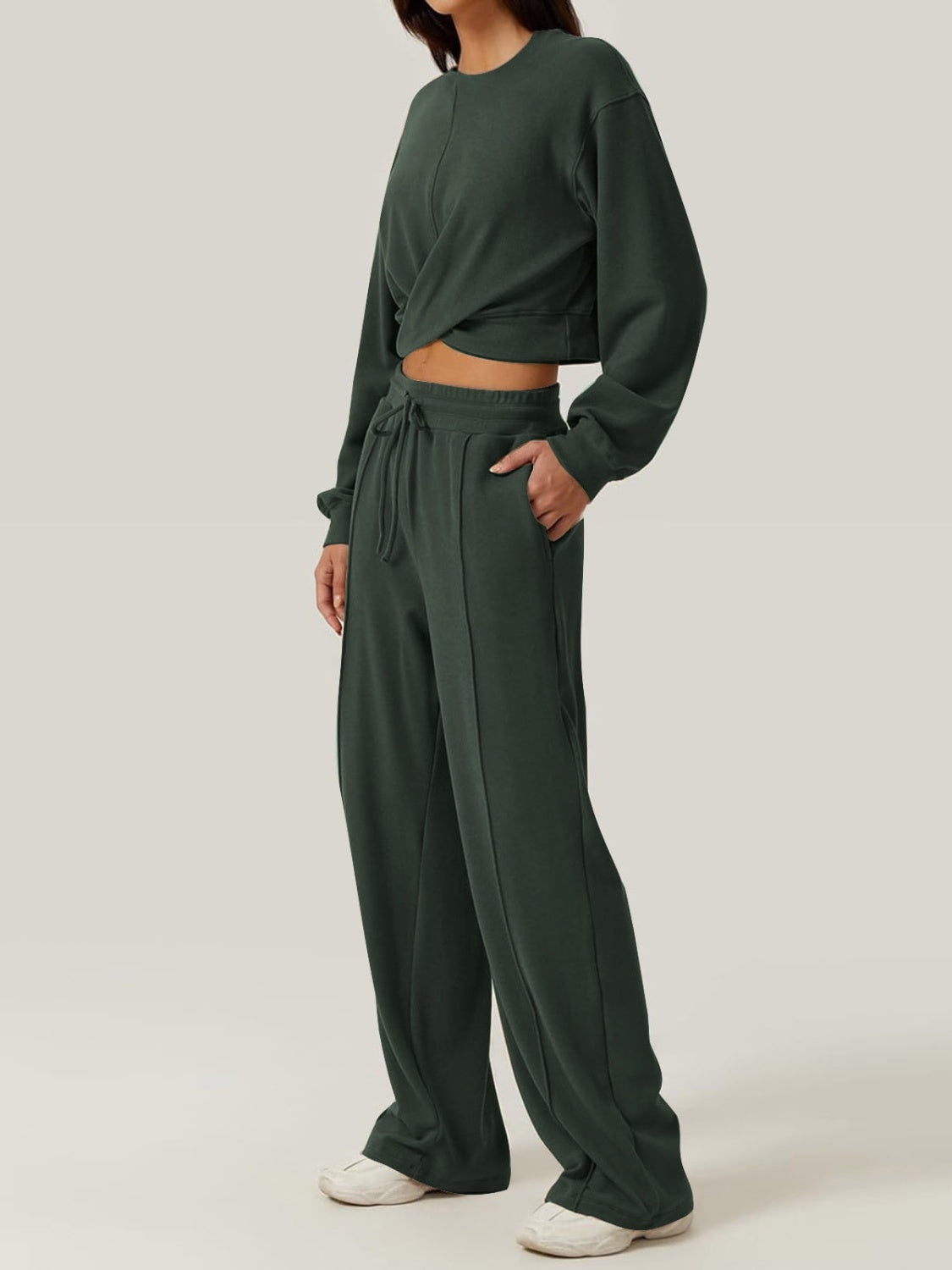 Trendy Crisscross Neck Top and Adjustable Waist Pants Set