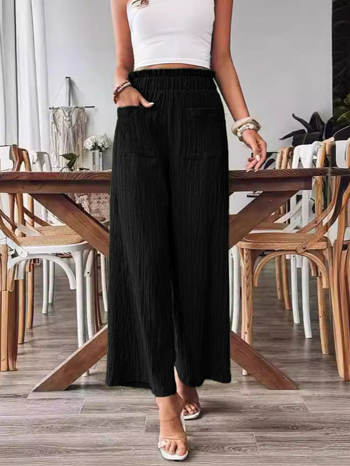 Chic Wide Leg Trousers with Elastic Waist and Pockets