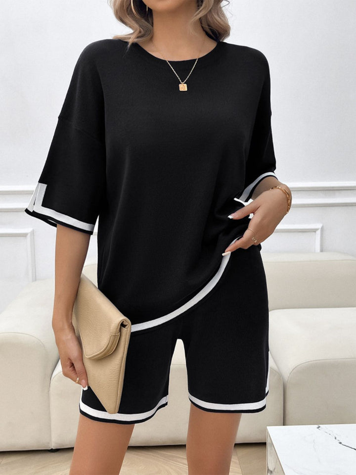 Stylish Contrast Trim Round Neck Top and Shorts Set