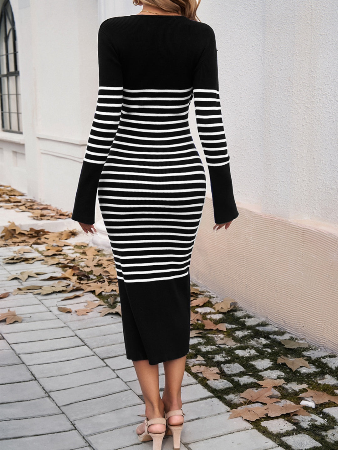 Chic Colorful Striped V-Neck Sweater Dress with Long Sleeves