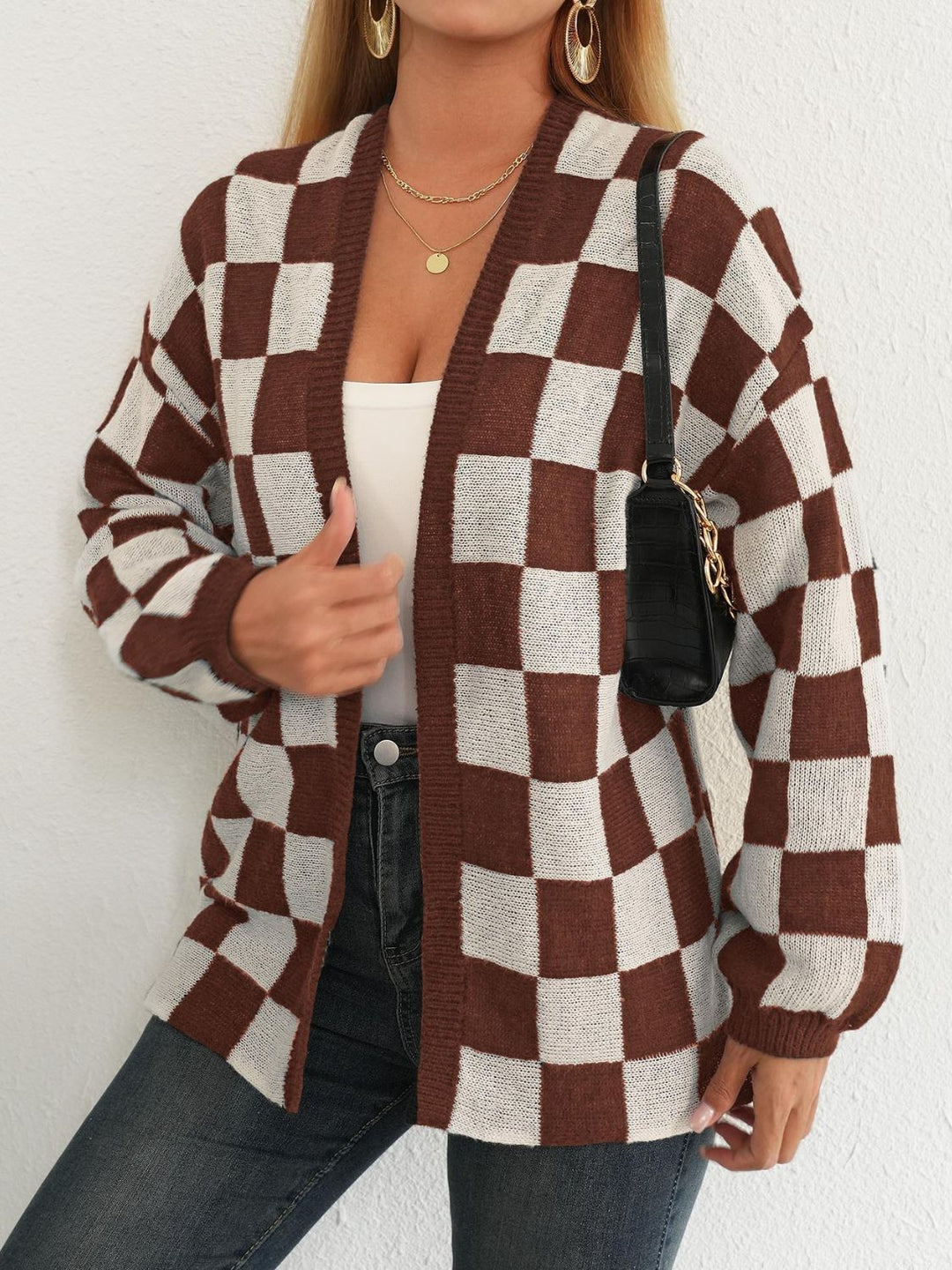 Plaid Open Front Long Sleeve Sweater Cardigan