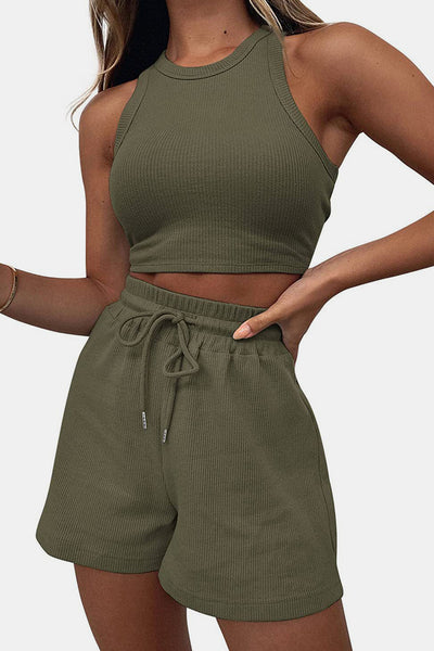 Stylish Round Neck Lounge Set with Adjustable Shorts Set