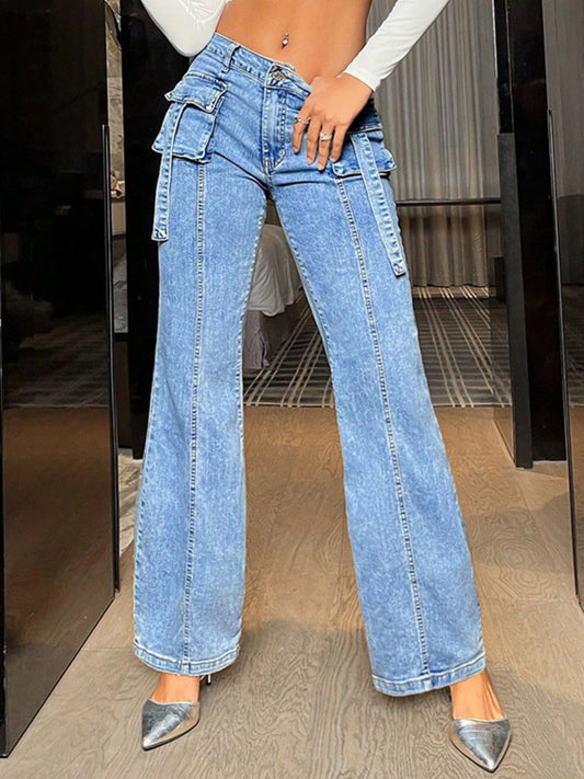 Mid Rise Straight Jeans with Cargo Pockets for Women