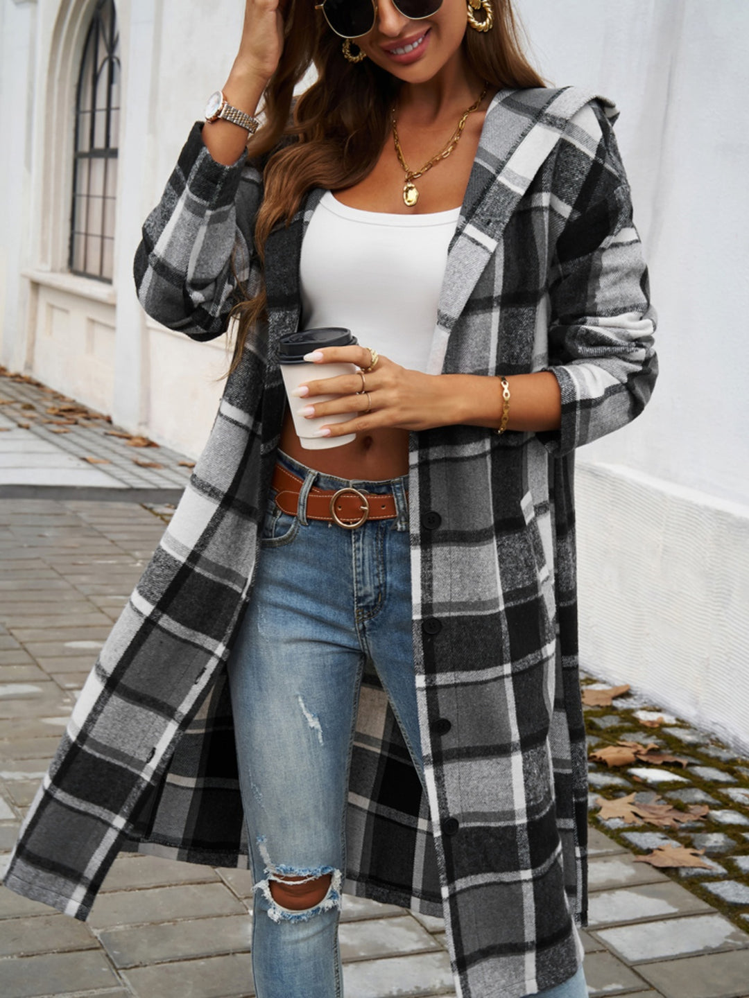 Plaid Hooded Jacket with Long Sleeves