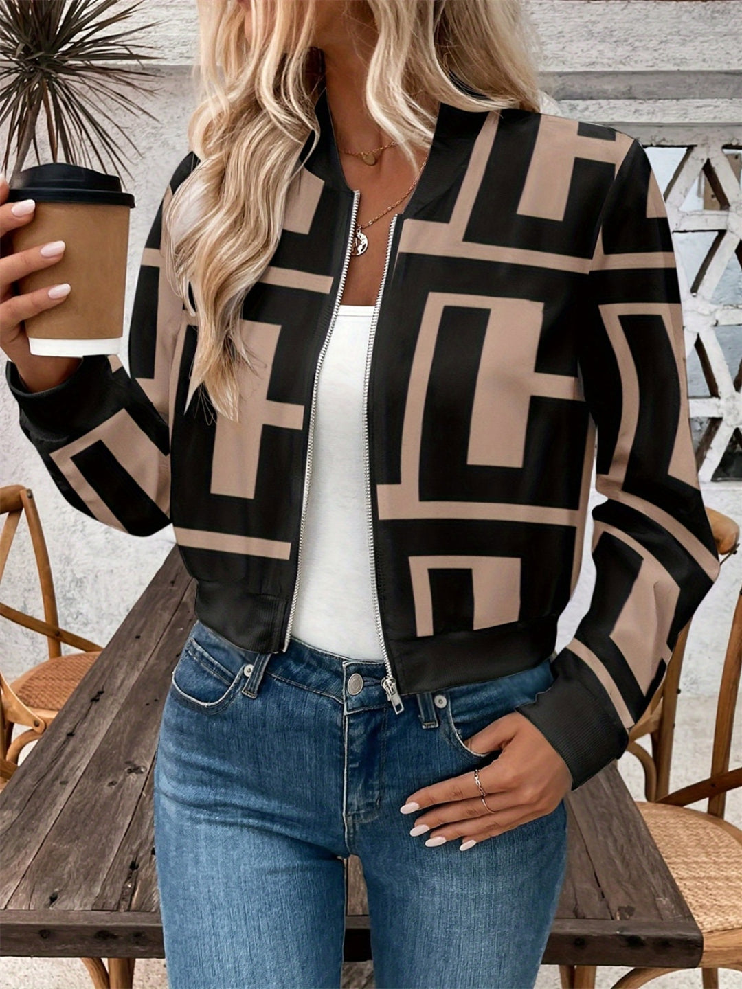 Geometric Patterned Baseball Collar Zip Jacket