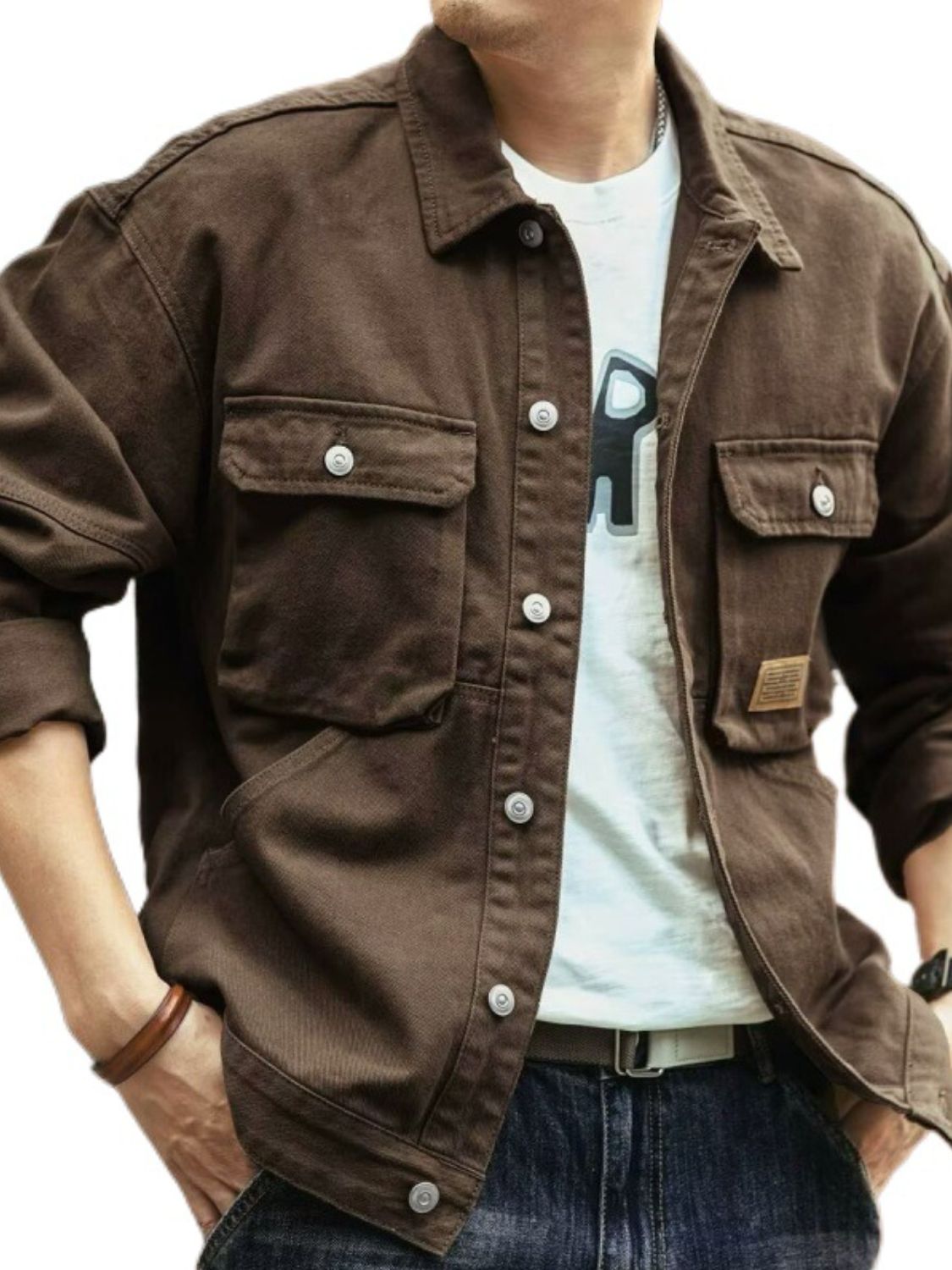 Men's Washed Collared Neck Cargo Jacket for Casual Style