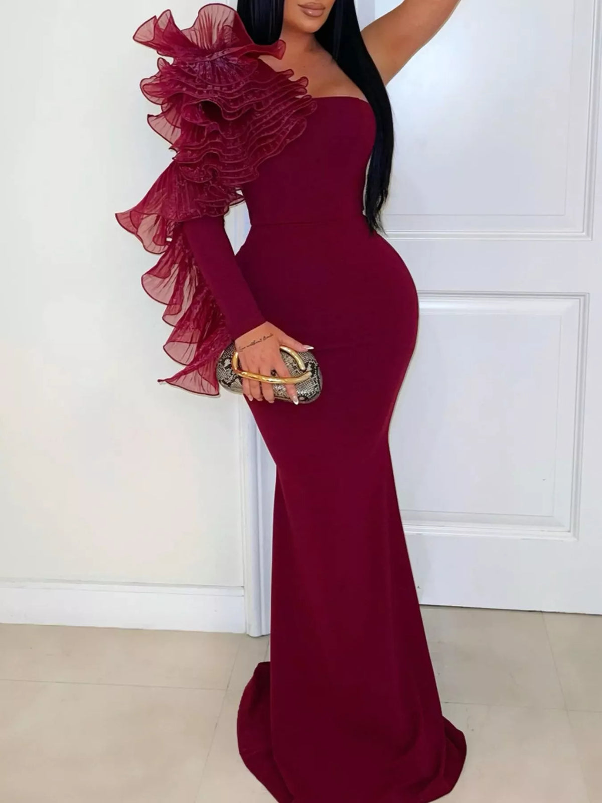 One-Shoulder Ruffled Mermaid Evening Maxi Dress
