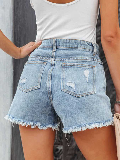 Fringed Distressed Denim Cutoffs with Handy Pockets Style
