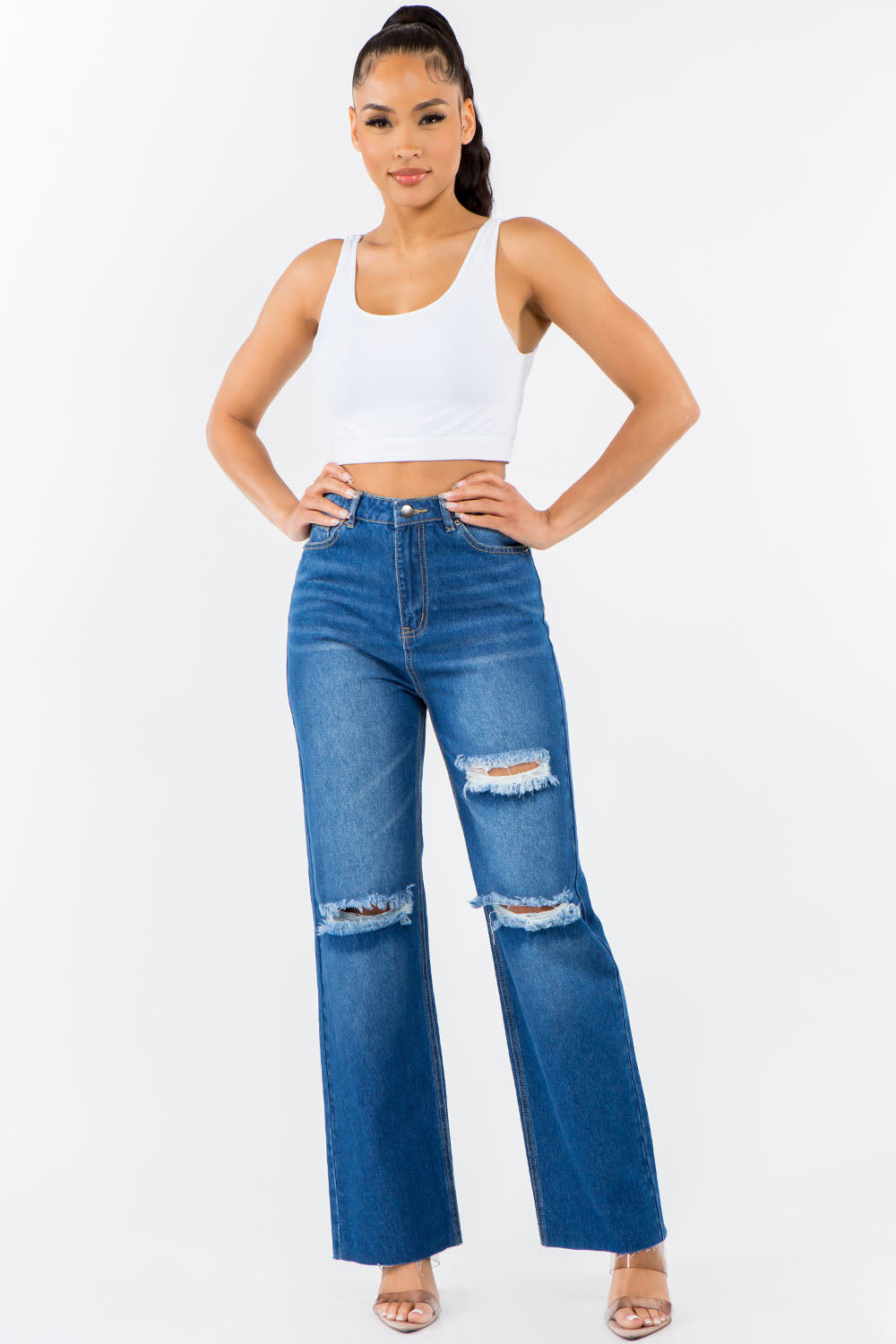 Chic High-Waisted Distressed Wide-Leg Denim Pants