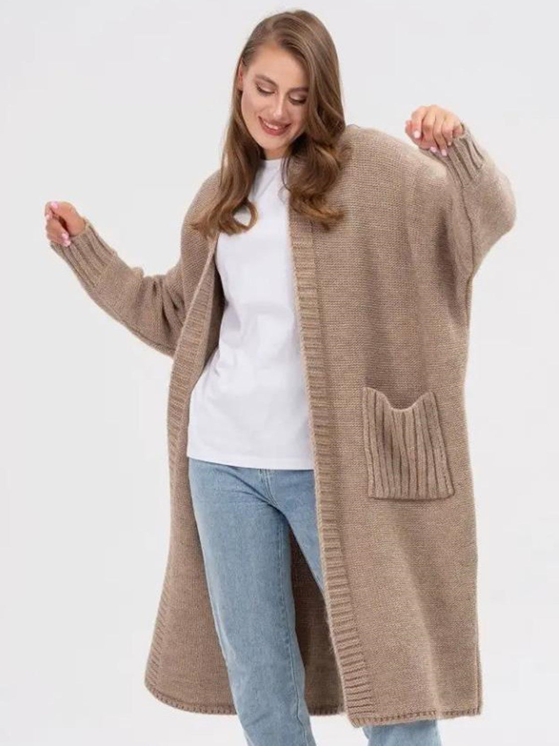 Pocketed Open Front Long Sleeve Longline Cardigan for Women