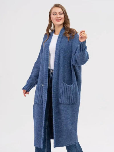 Pocketed Open Front Long Sleeve Longline Cardigan for Women