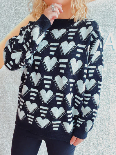 Charming Heart Contrast Oversized Sweater for Cozy Style