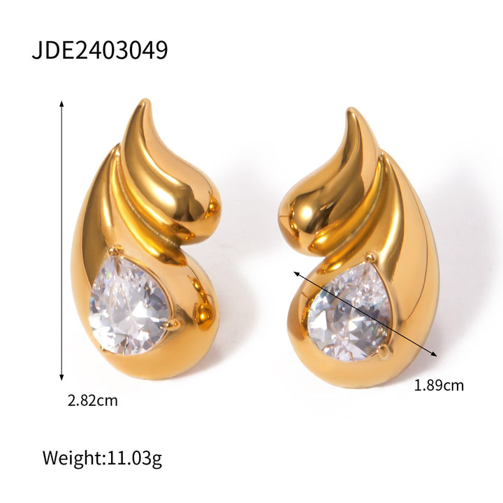 18k gold stainless steel white diamond earrings with double layered droplet shaped diamond inlaid earrings