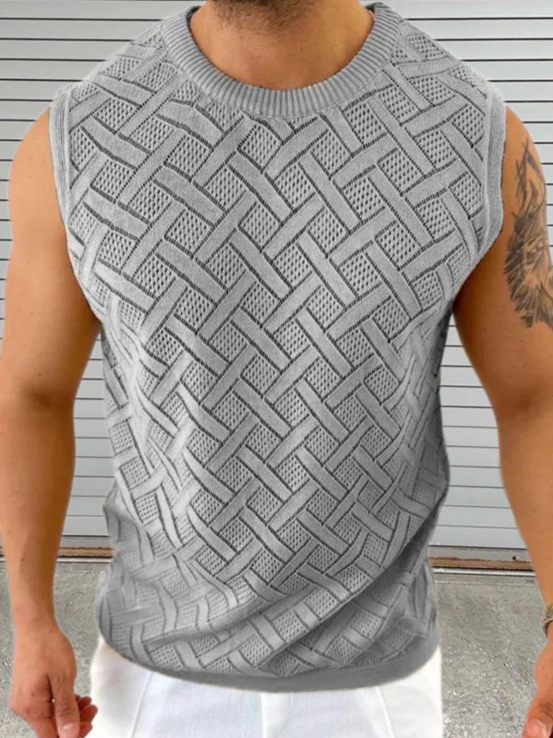Men's Round Neck Sleeveless Eyelet Knit Top for Casual Wear