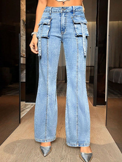 Mid Rise Straight Jeans with Cargo Pockets for Women