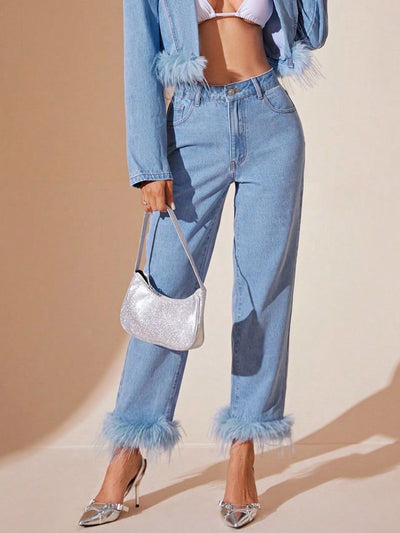 Plush Hem High Rise Straight Jeans for Women in Various Sizes