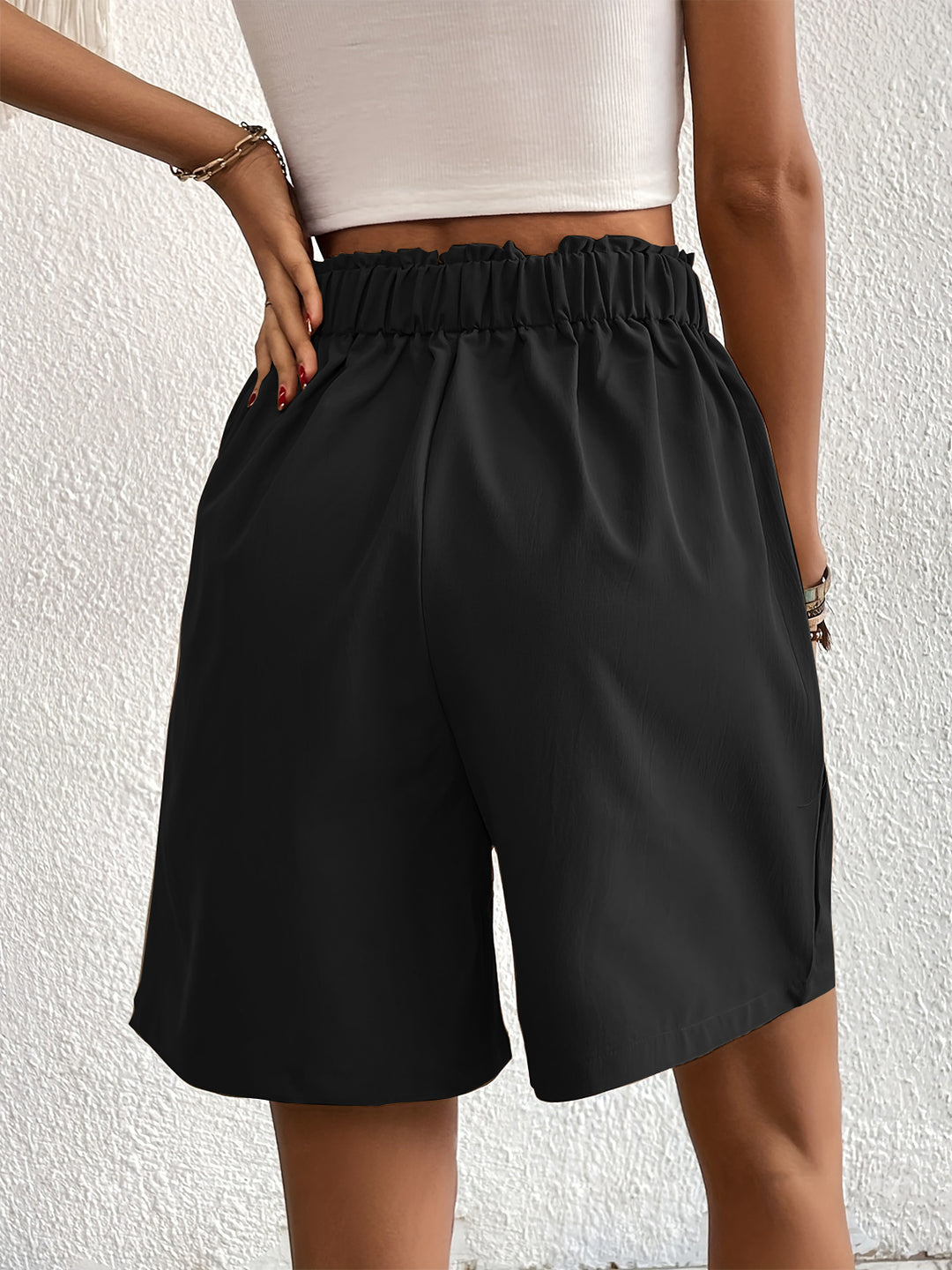 Elegant Ruched Elastic Waist Shorts with Pockets