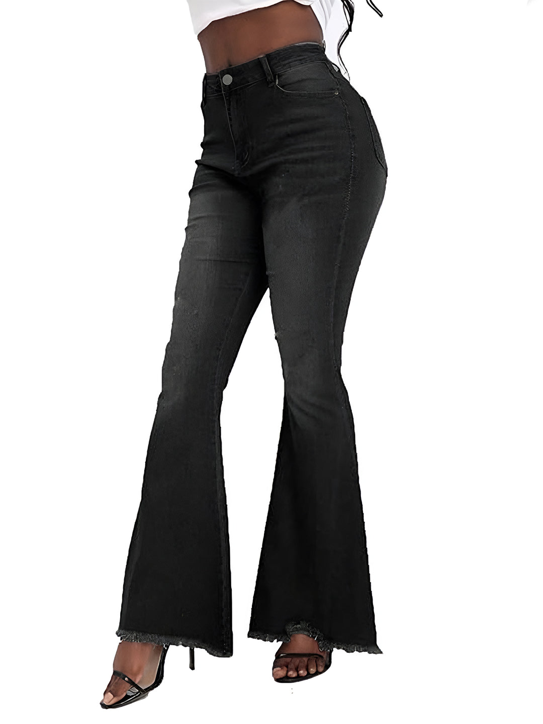 Distressed Flare Jeans with Edgy Raw Hem and Pocketed Design