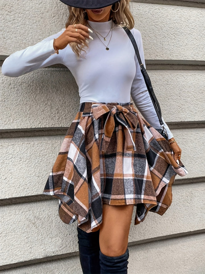 Plaid Tied Asymmetrical Skirt with Sheer Detail