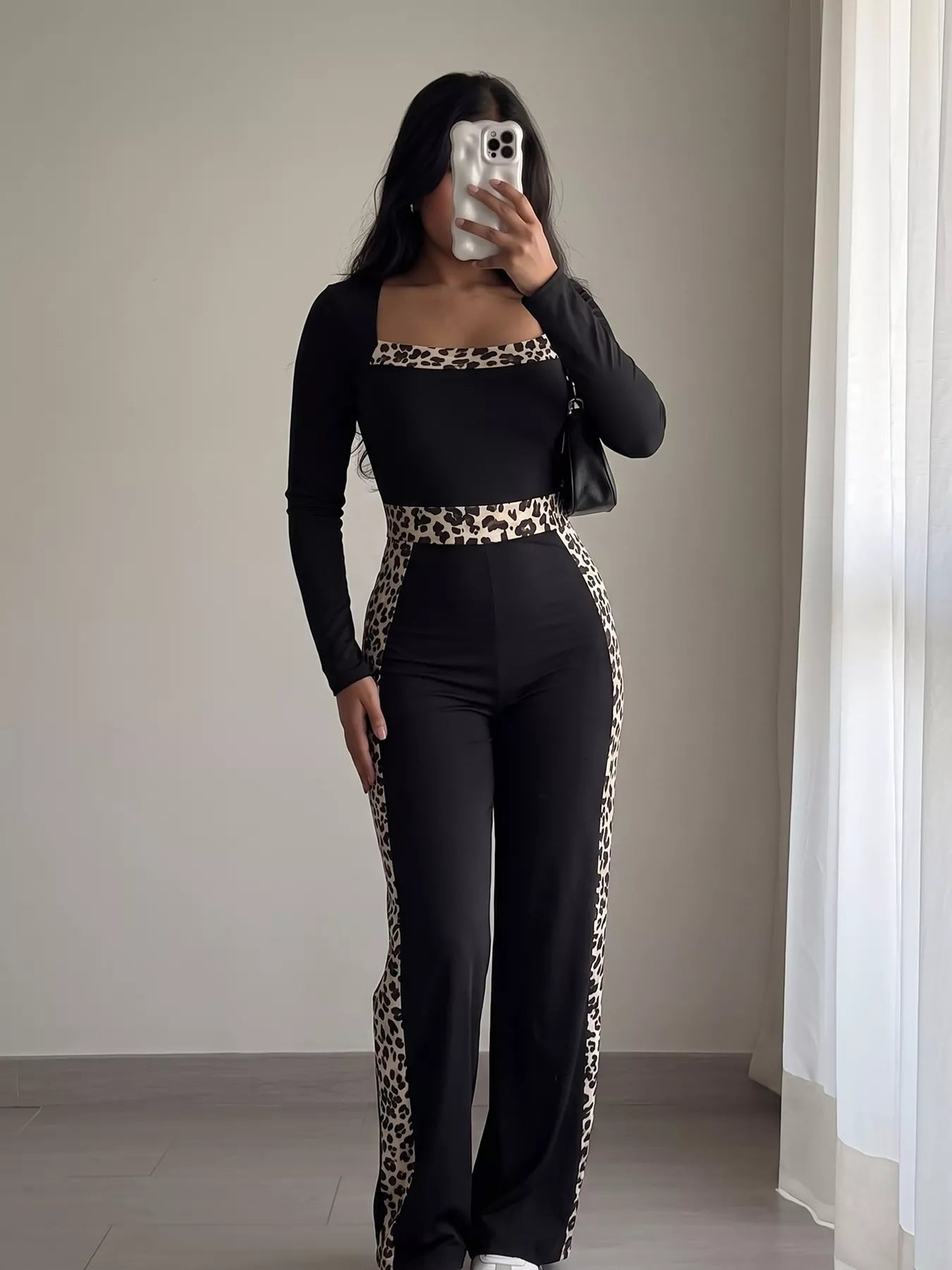 Leopard Trim Long Sleeve Jumpsuit