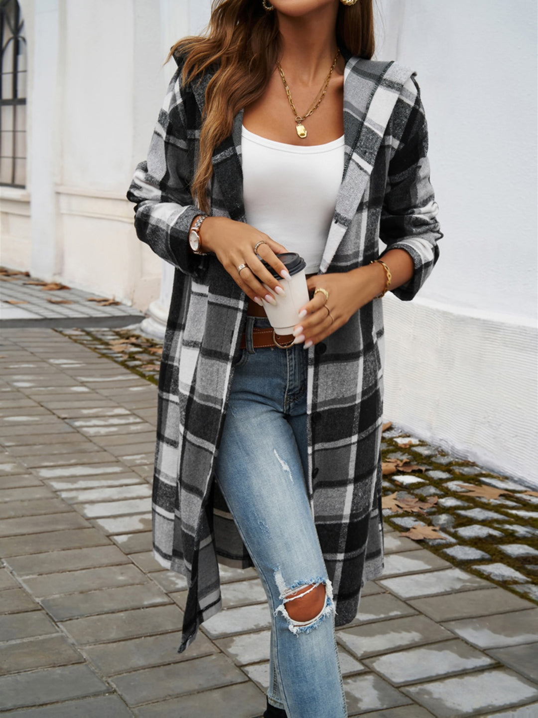 Plaid Hooded Jacket with Long Sleeves