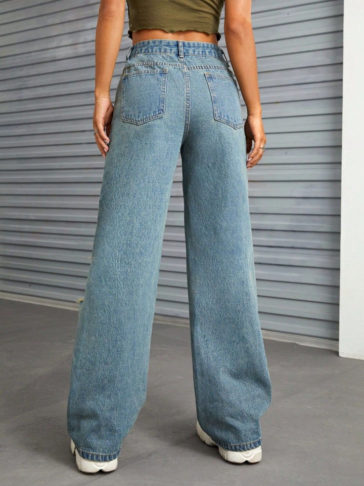 Chic Distressed Wide Leg Denim Trousers with Pockets