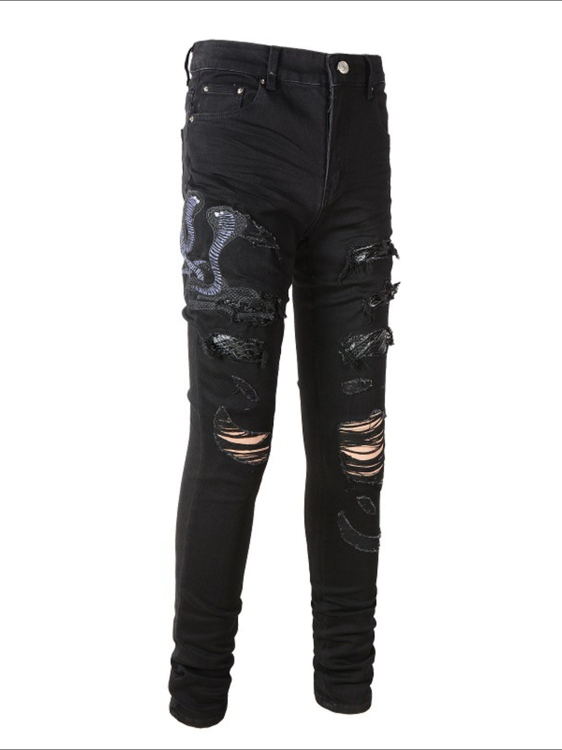 Men's Washed Snake Embroidered Slim Jeans for Casual Wear