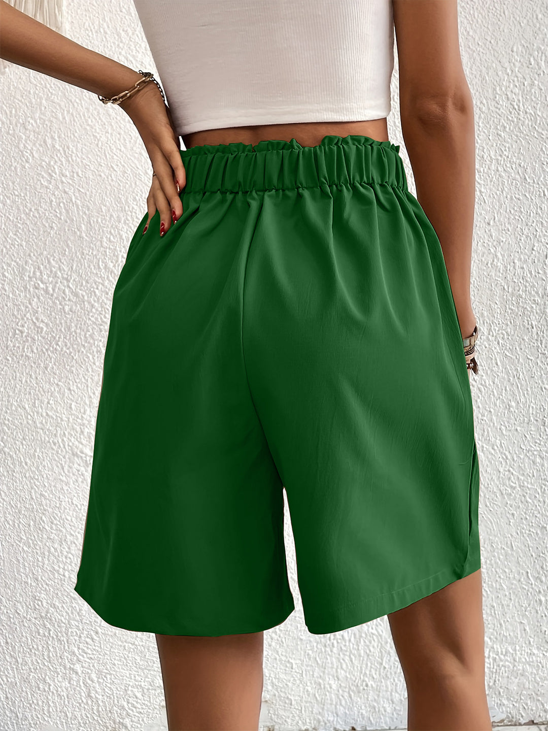 Elegant Ruched Elastic Waist Shorts with Pockets