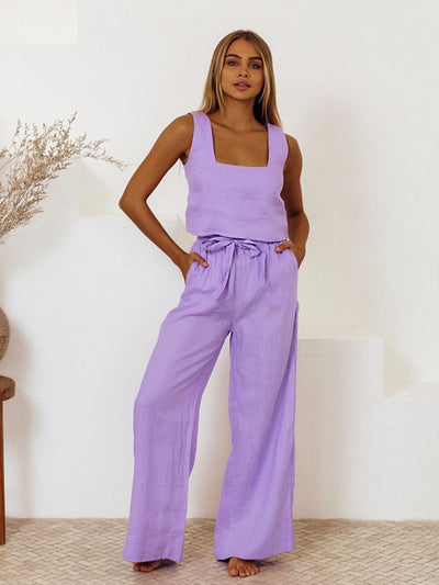 Elegant Square Neck Sleeveless Top and Trousers Set Sale