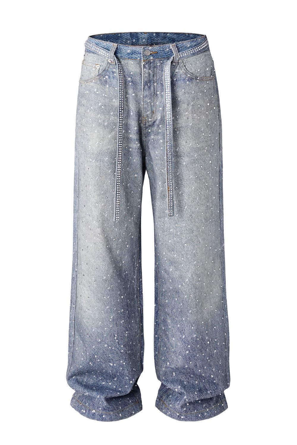 Men's Washed Rhinestone Jeans with Rhinestone Belt Stylish