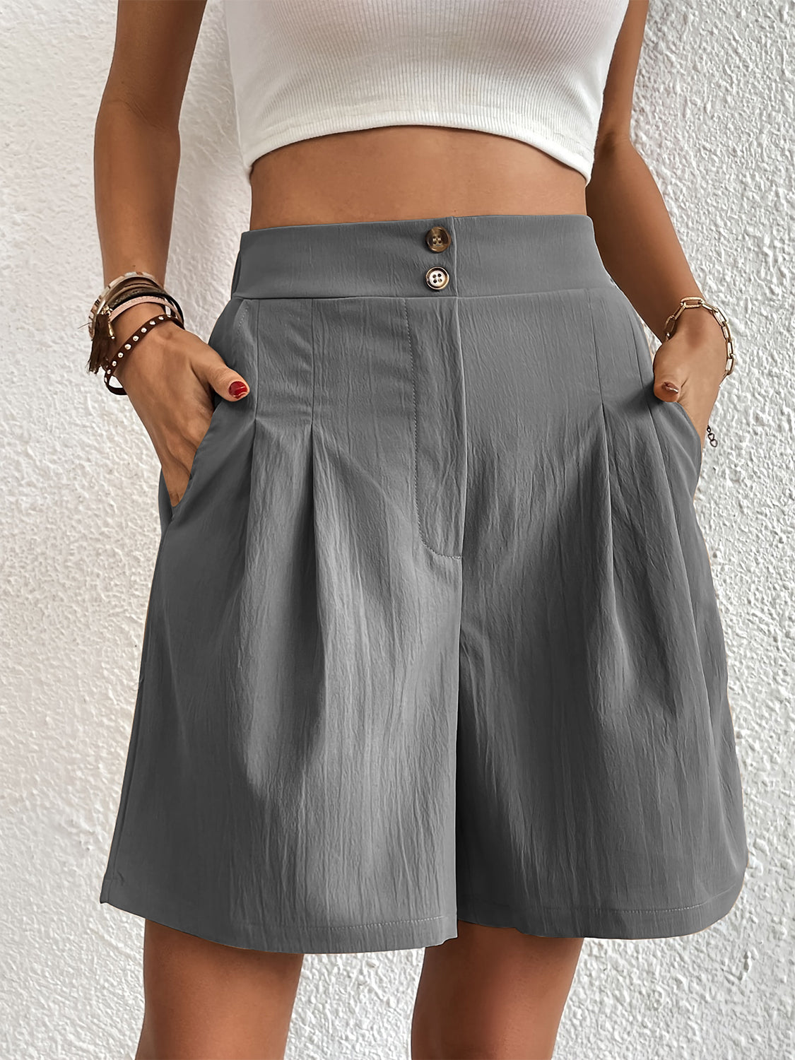 Elegant Ruched Elastic Waist Shorts with Pockets for Women