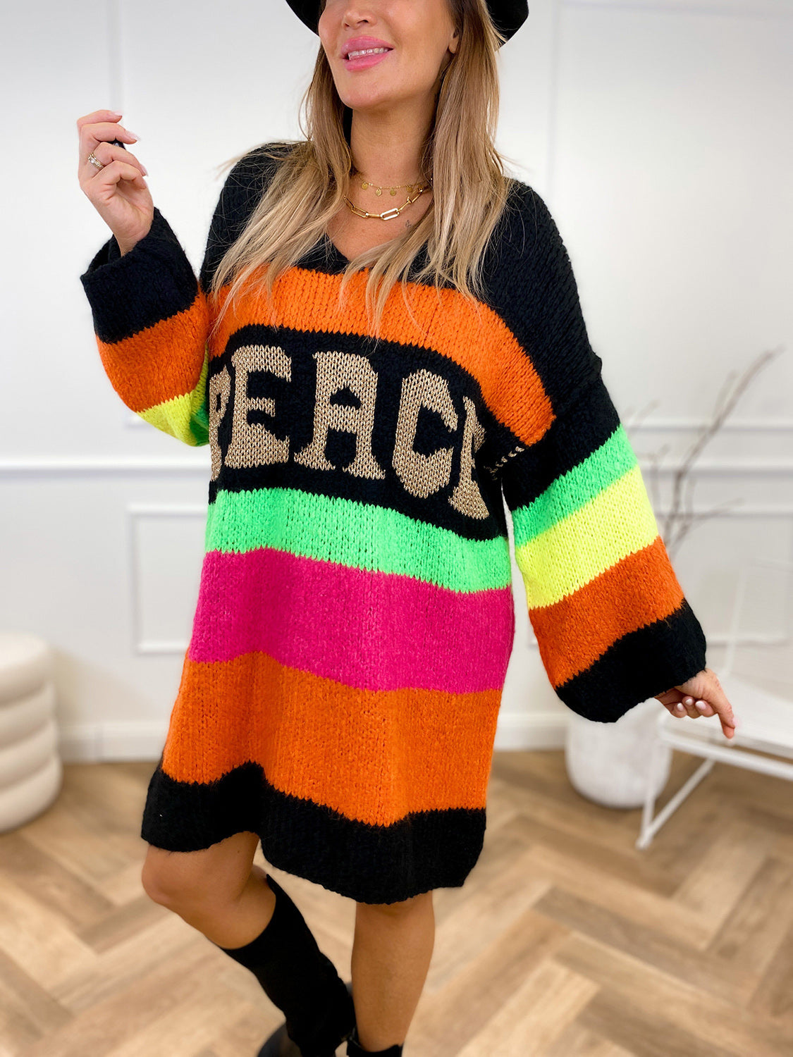 Color Block V-Neck Long Sleeve Sweater Dress for Women