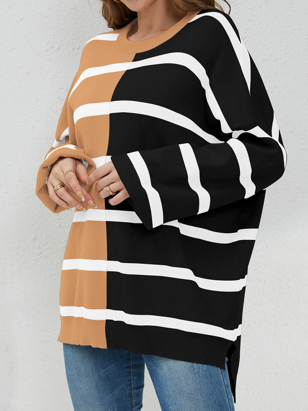 Chic Striped Knit Sweater with Round Neck and Long Sleeves