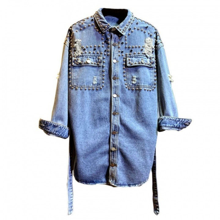 Chic Women's Distressed Denim Jacket with Stylish Waist-Accentuating Shirt