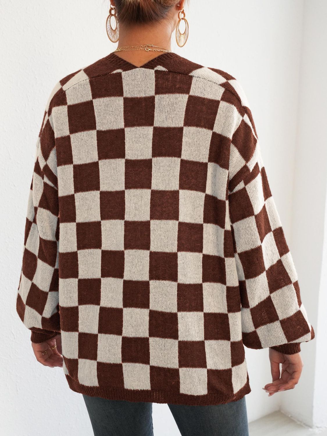 Plaid Open Front Long Sleeve Sweater Cardigan for Women