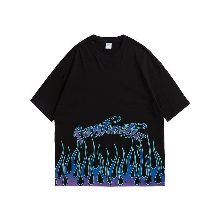 Men's Black Oversized Tee with Bold Flame Print - Hip Hop Trendsetter Style 2021