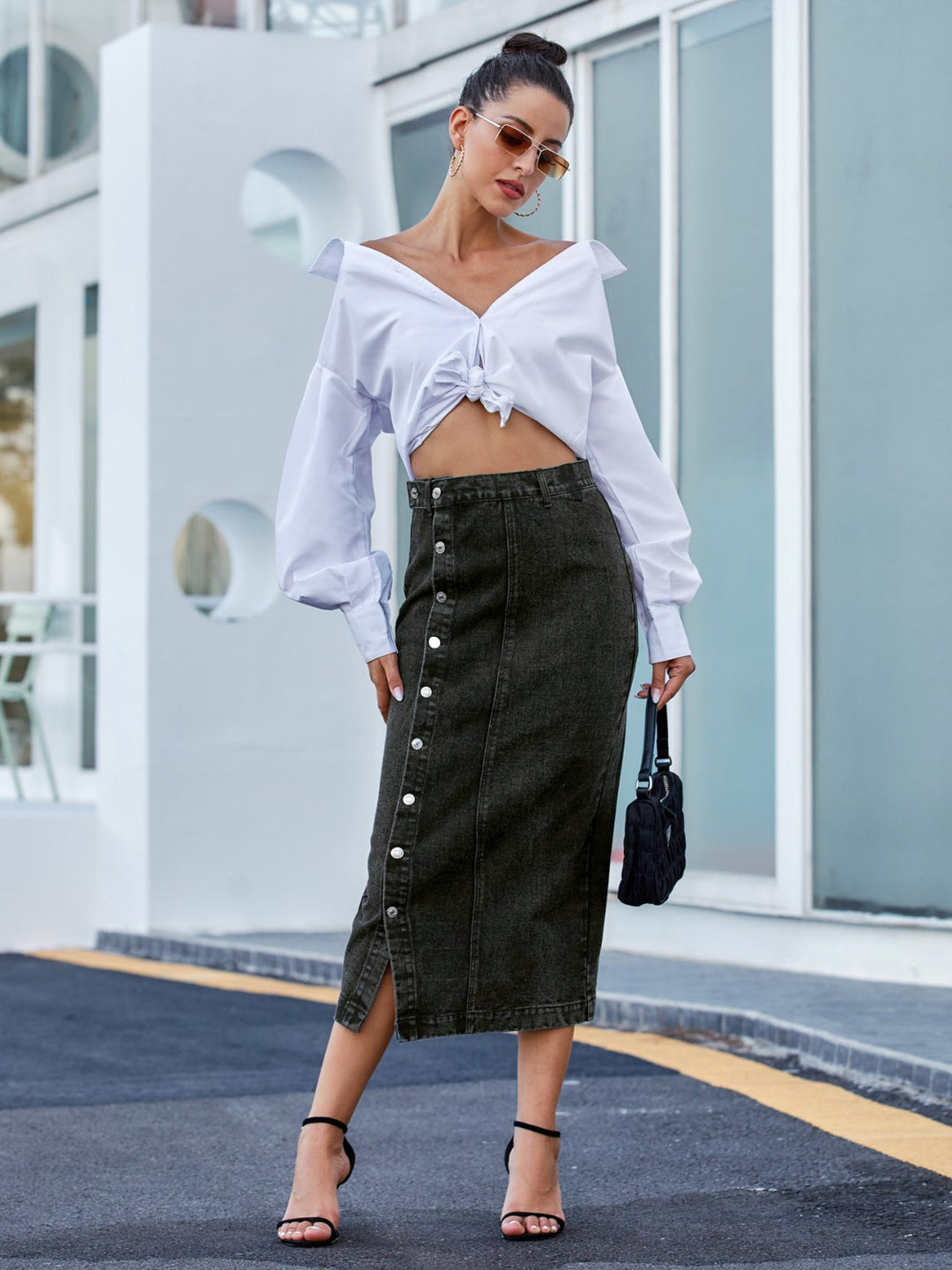 Classic Button Front Denim Skirt